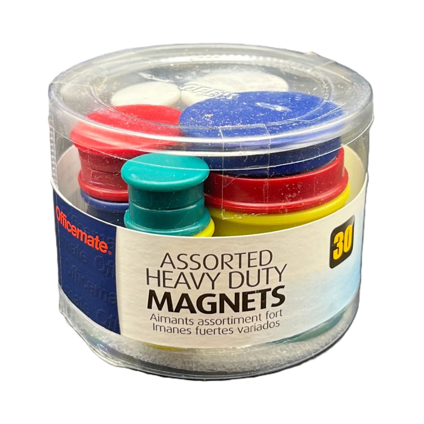 Assorted heavy duty magnets in a clear container with visible brand name.
