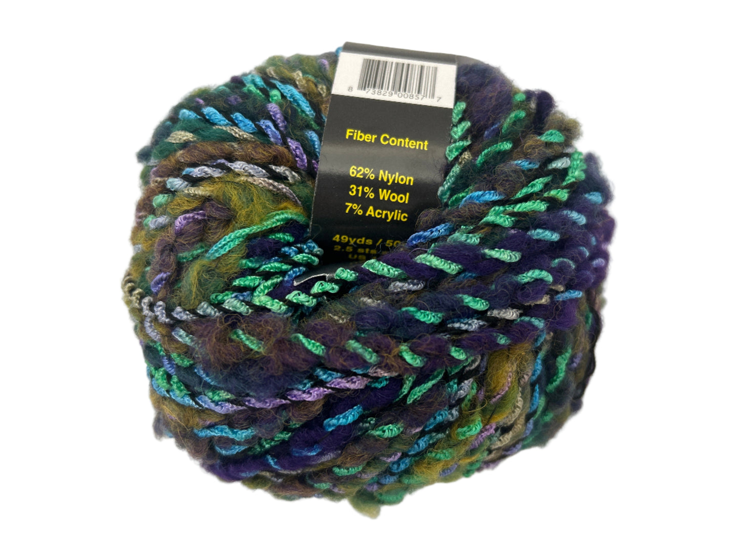 Multicolored skein of yarn with a label on a white background