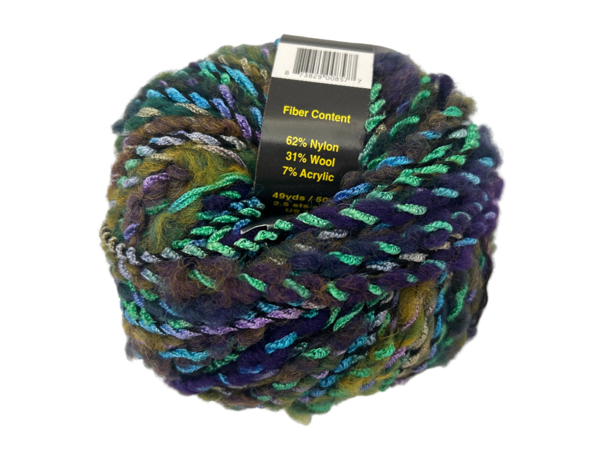 Multicolored skein of yarn with a label on a white background