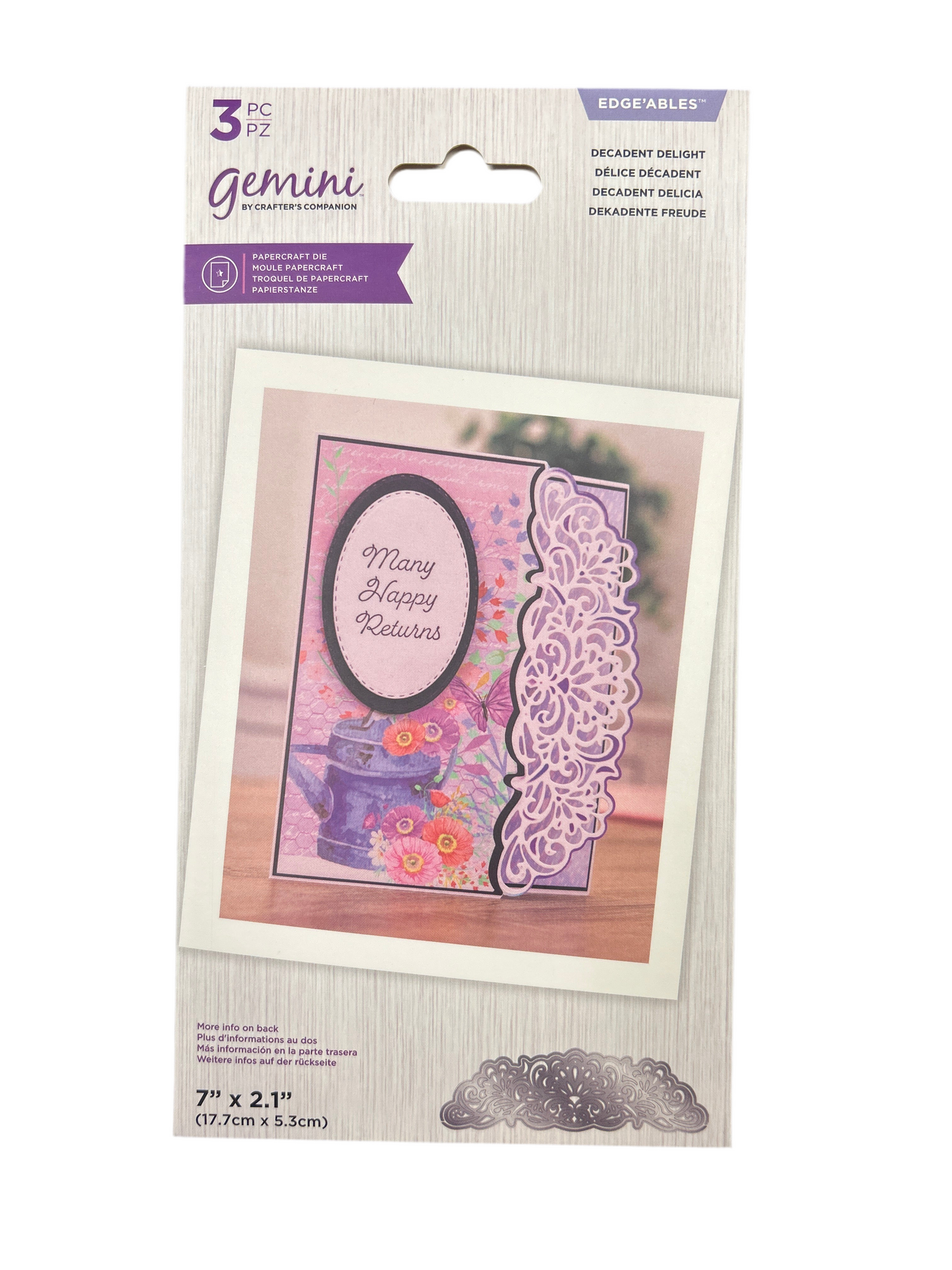 Packaging of Gemini dies with decorative elements and text on a white background