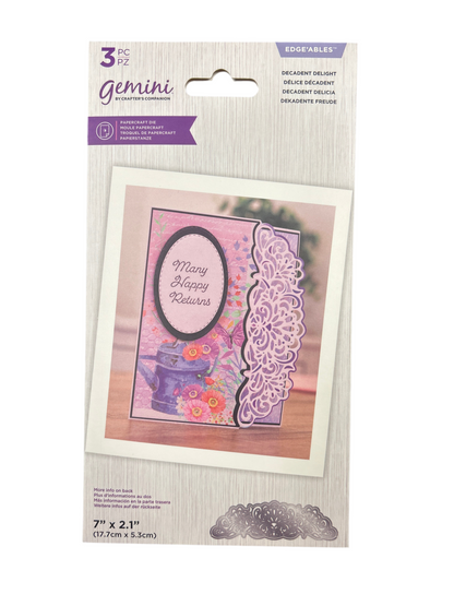 Packaging of Gemini dies with decorative elements and text on a white background