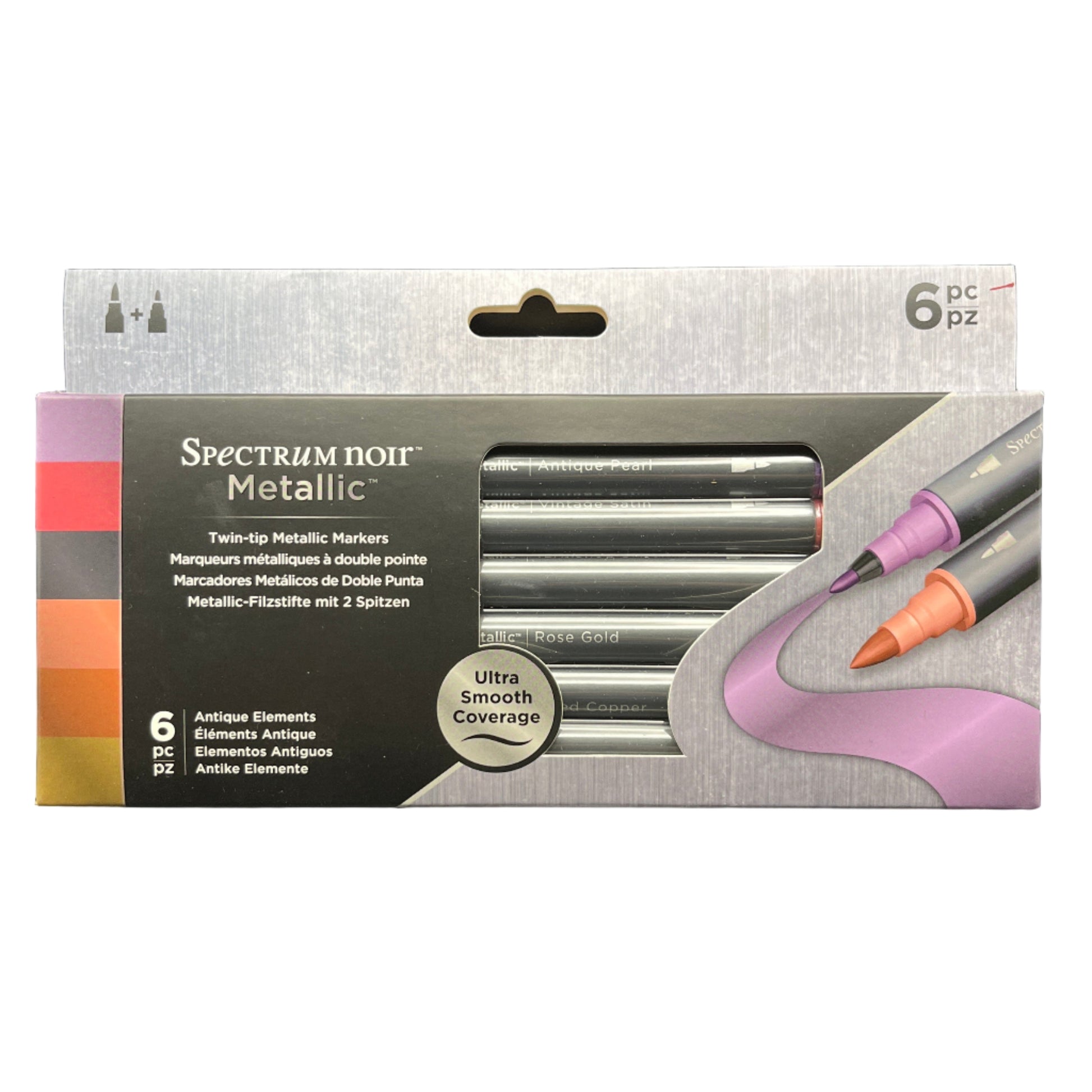 Packaging of Spectrum Noir metallic markers with a hook for hanging.