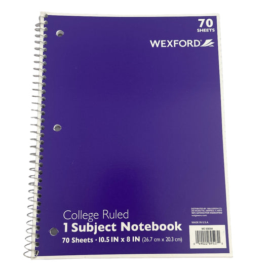 Blue notebook with Wexford branding on a gray background