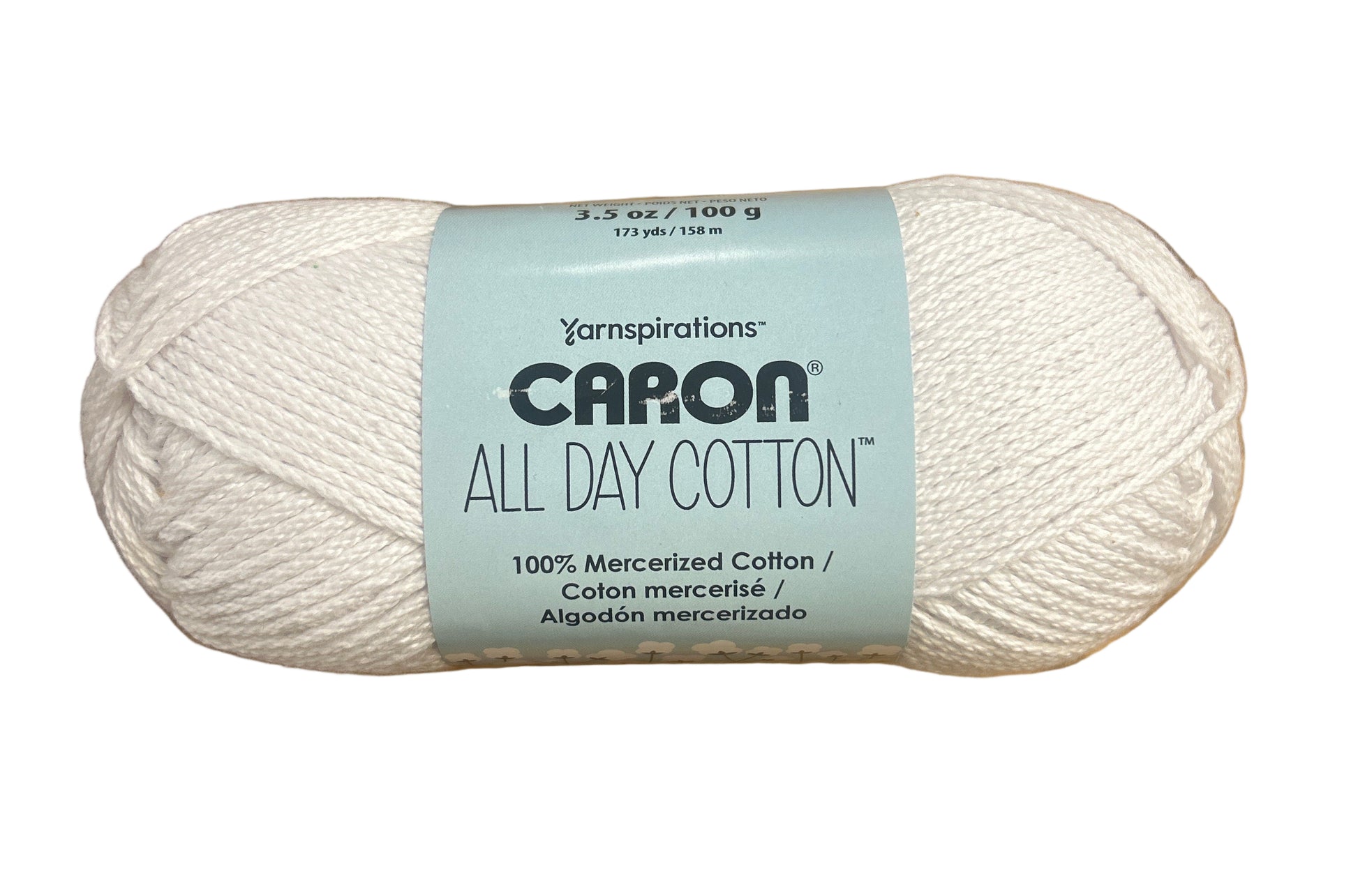Ball of yarn with a 'Caron All Day Cotton' label on a white background
