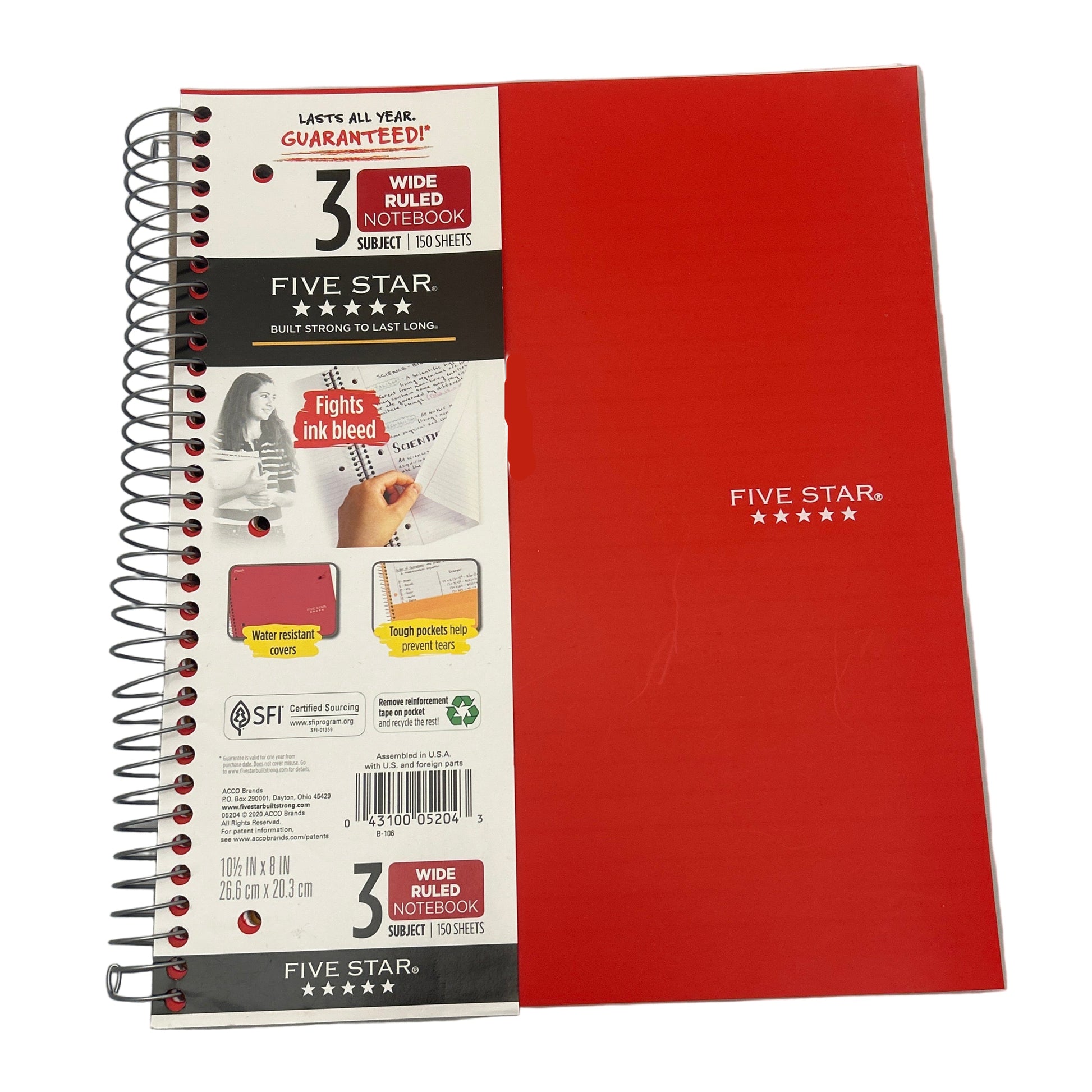Red notebook with Five Star branding on a white background