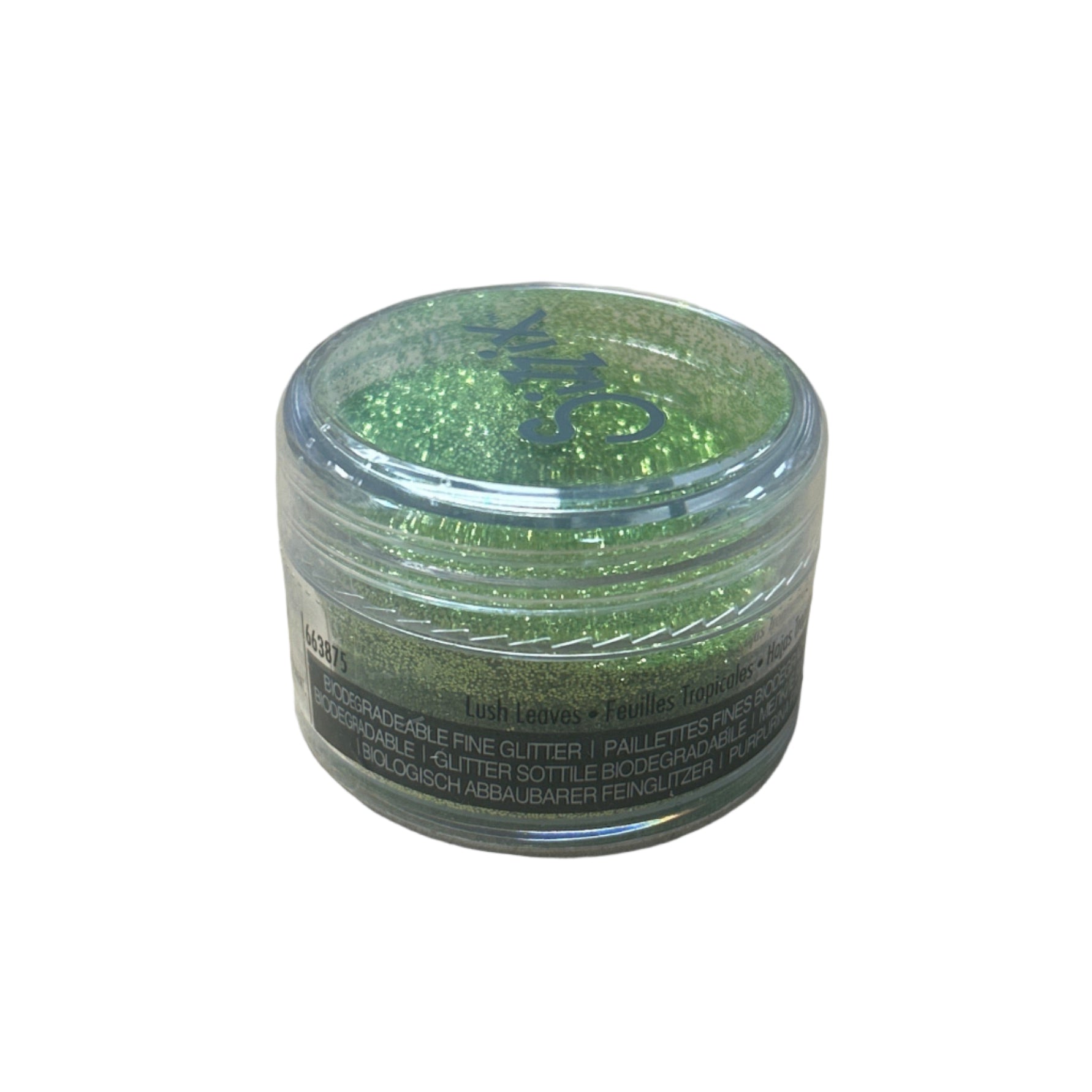 Green glitter in a clear container on a white background