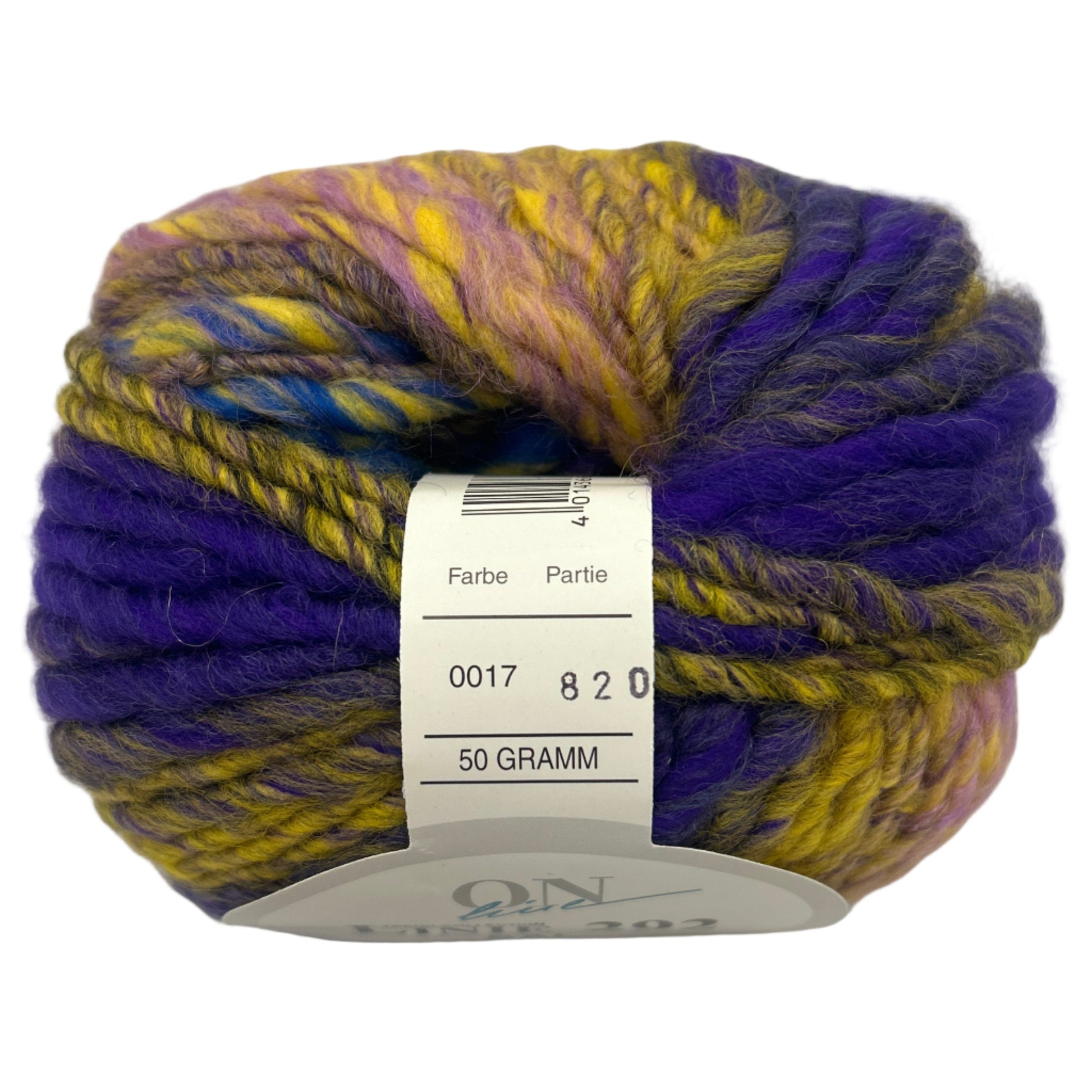 Multicolored yarn ball with a label on a white background