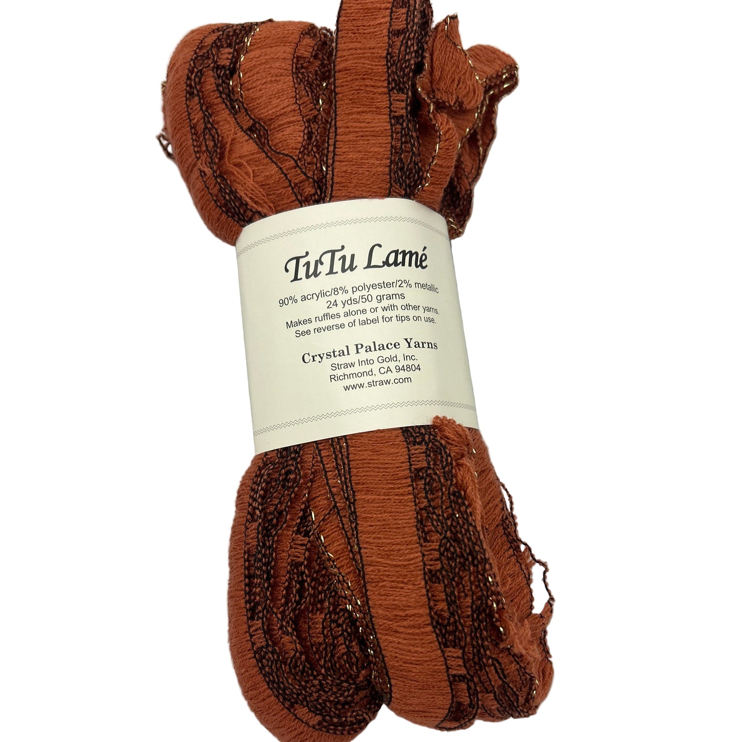 Brown yarn skein with label on a white background