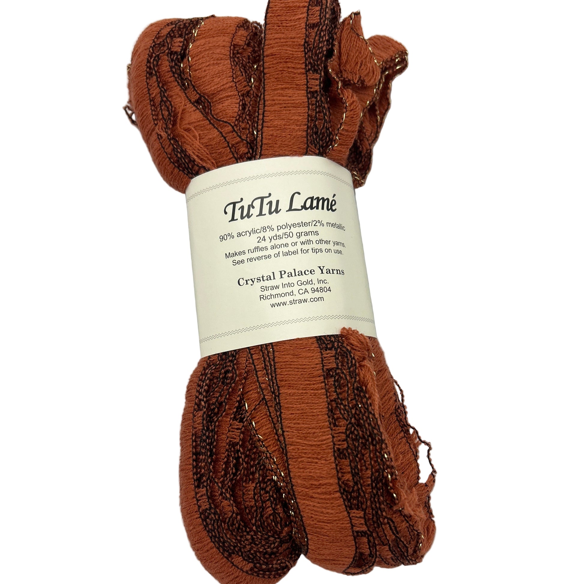 Brown yarn skein with label on a white background
