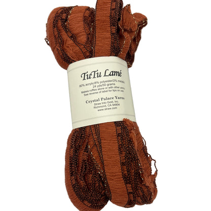 Brown yarn skein with label on a white background