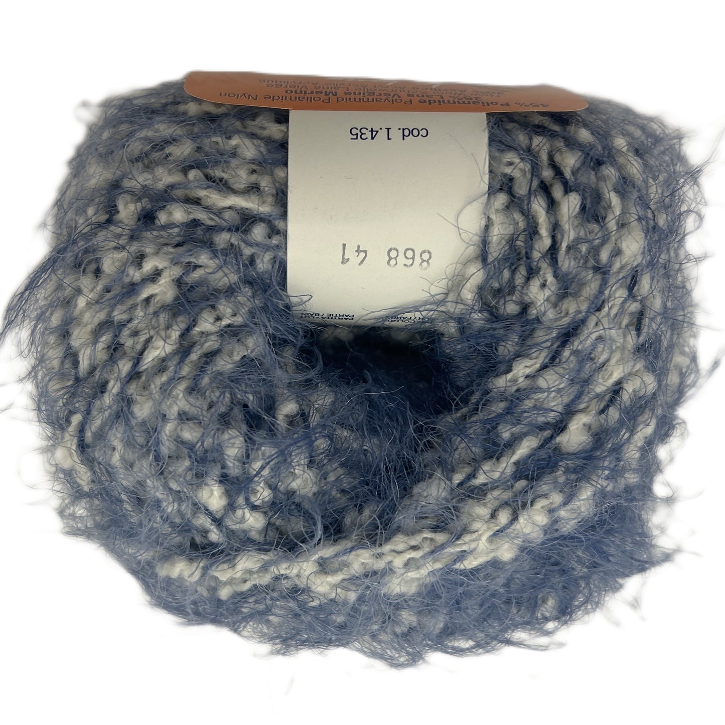 Blue and gray skein of yarn with a label on a white background