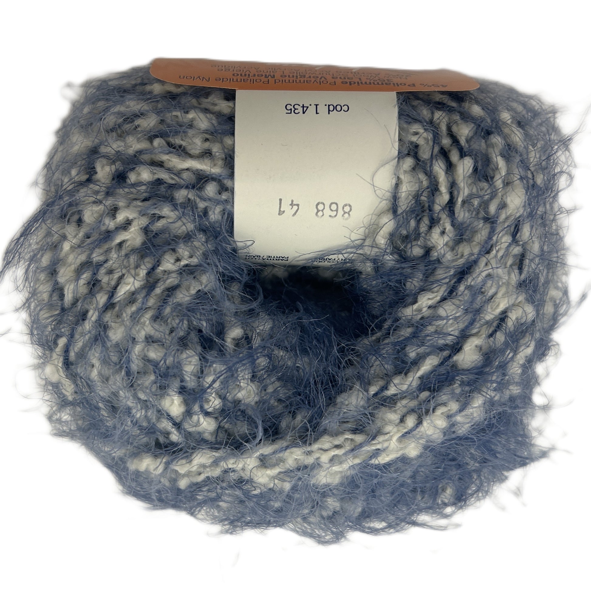 Blue and gray skein of yarn with a label on a white background