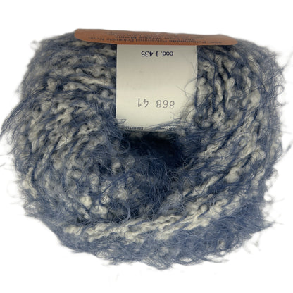 Blue and gray skein of yarn with a label on a white background