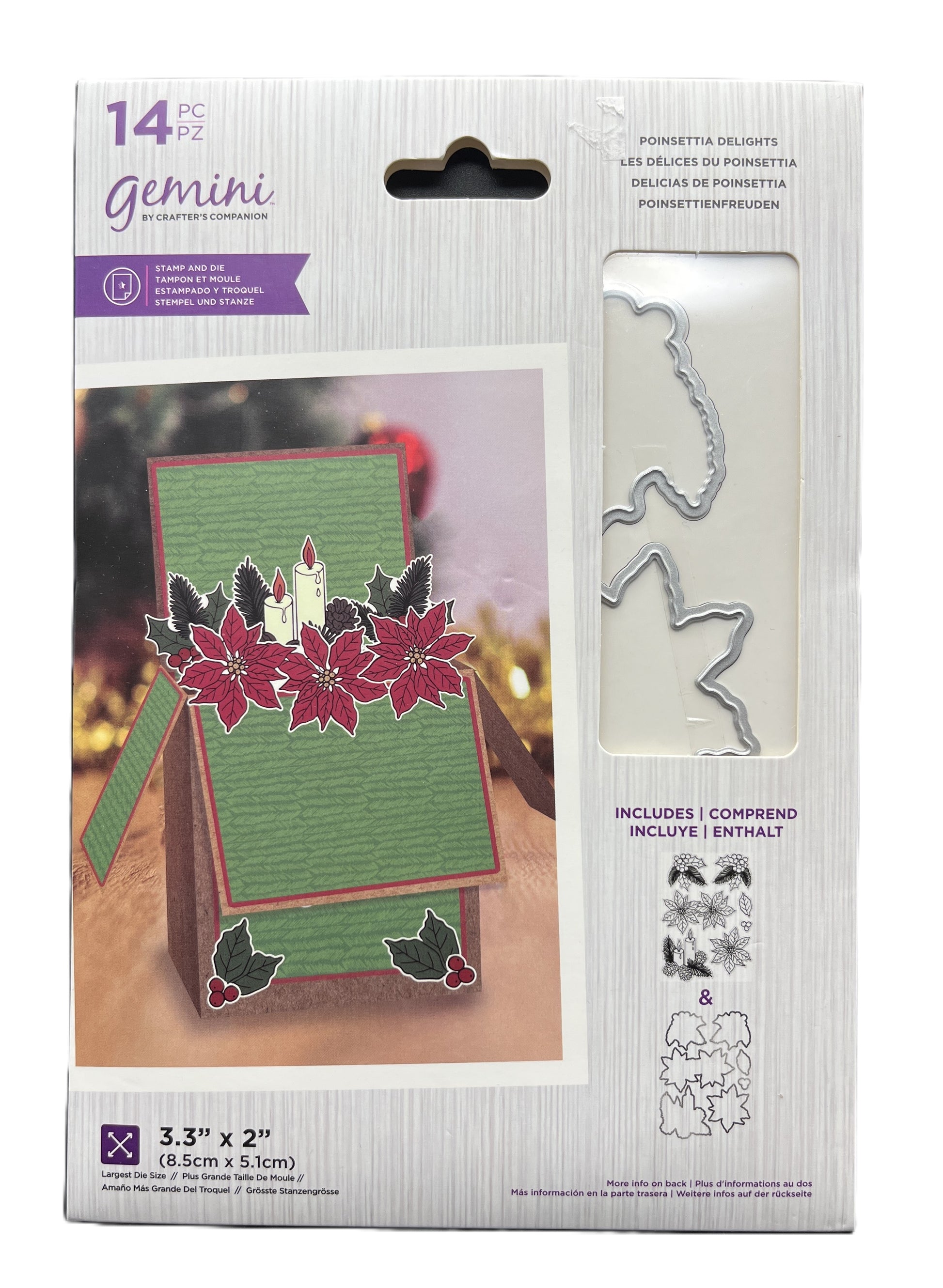 Packaging of Gemini die-cutting set with die and example card on a white background