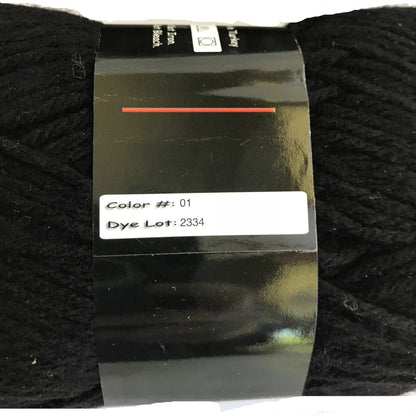 Black yarn with a label showing color number and dye lot on a white background