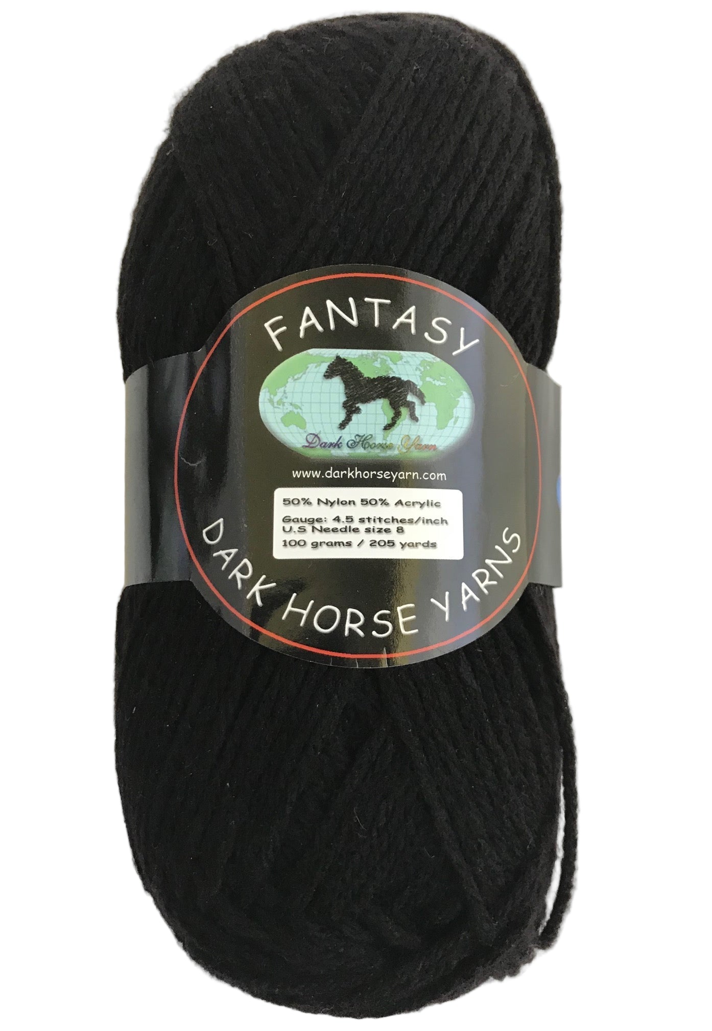 Black yarn skein with 'Dark Horse Yarns' label on a white background