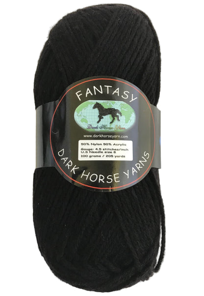 Black yarn skein with 'Dark Horse Yarns' label on a white background