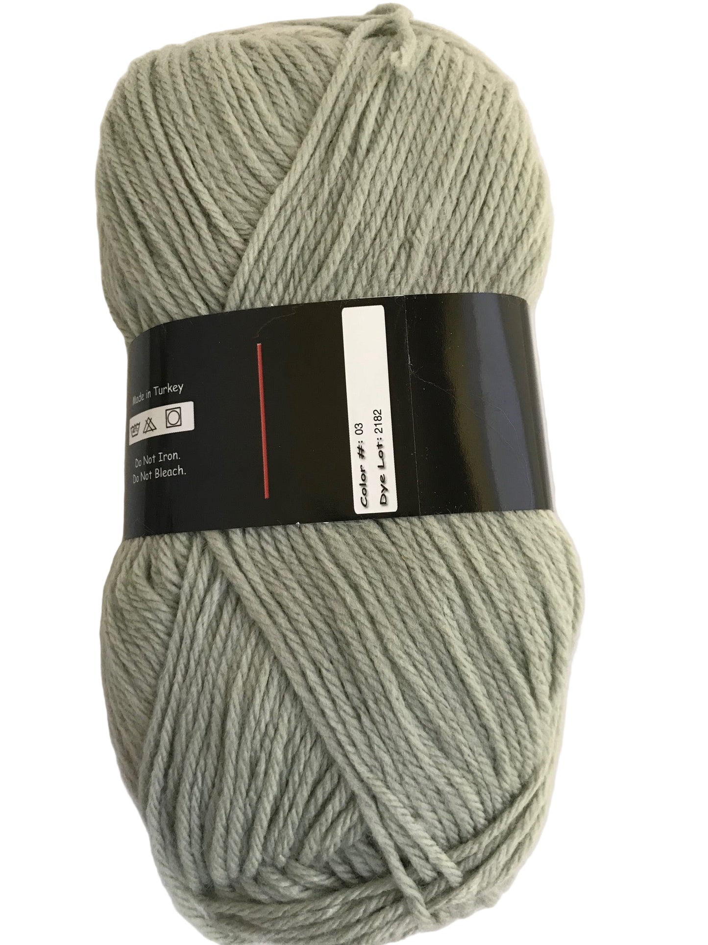 Ball of gray yarn with a label on a white background