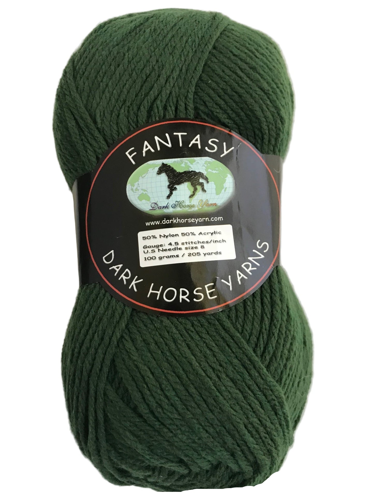 Green skein of yarn with a 'Dark Horse Yarns' label on a white background