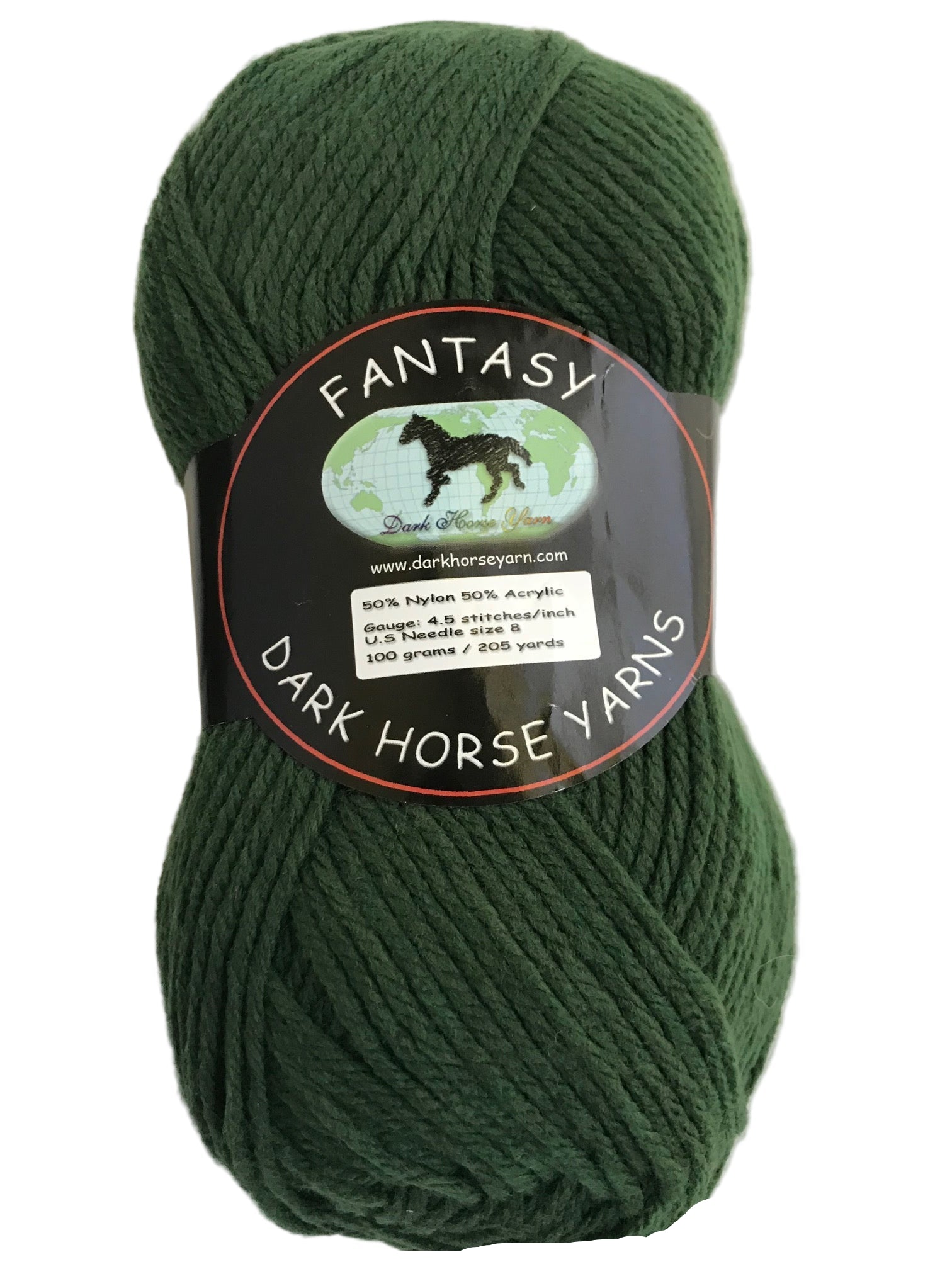 Green skein of yarn with a 'Dark Horse Yarns' label on a white background
