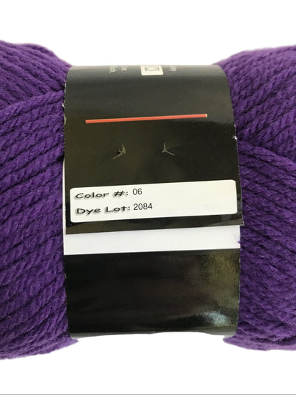 Purple yarn with a label showing color code and dye lot number.