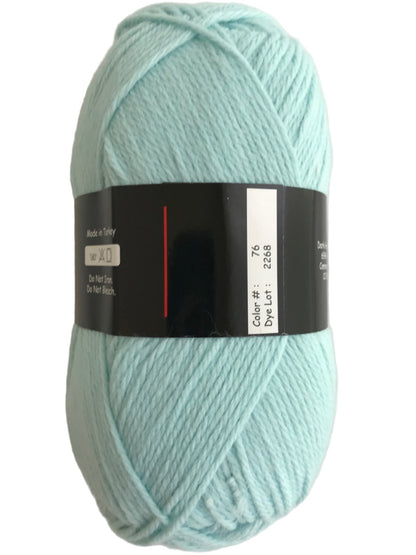 Light blue skein of yarn with a label on a white background