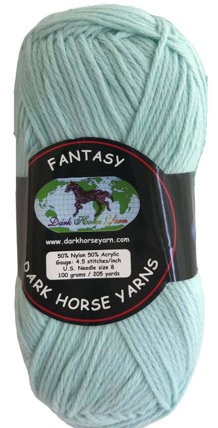 Light blue skein of yarn with a label on a white background