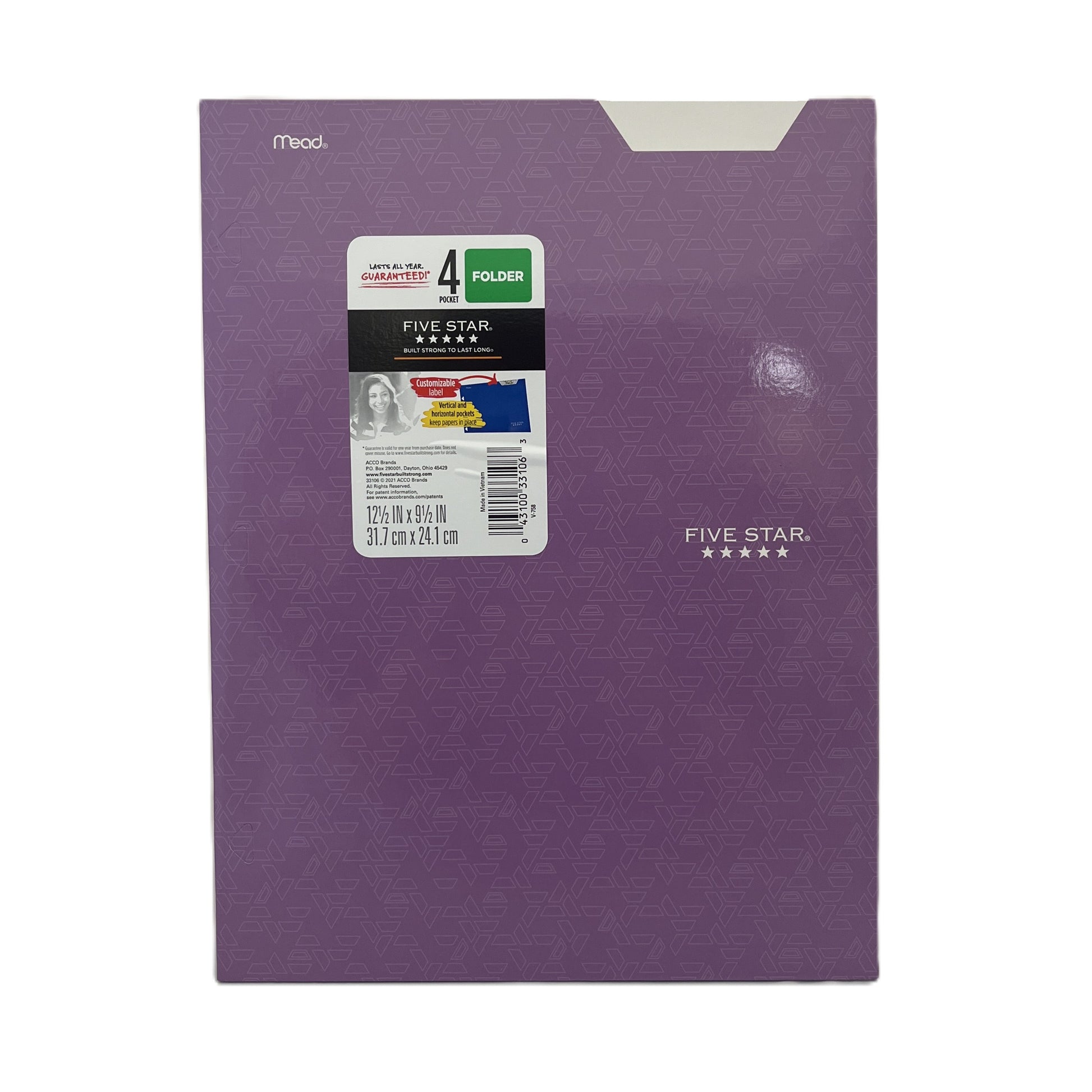 Purple Five Star folder with a label on a white background