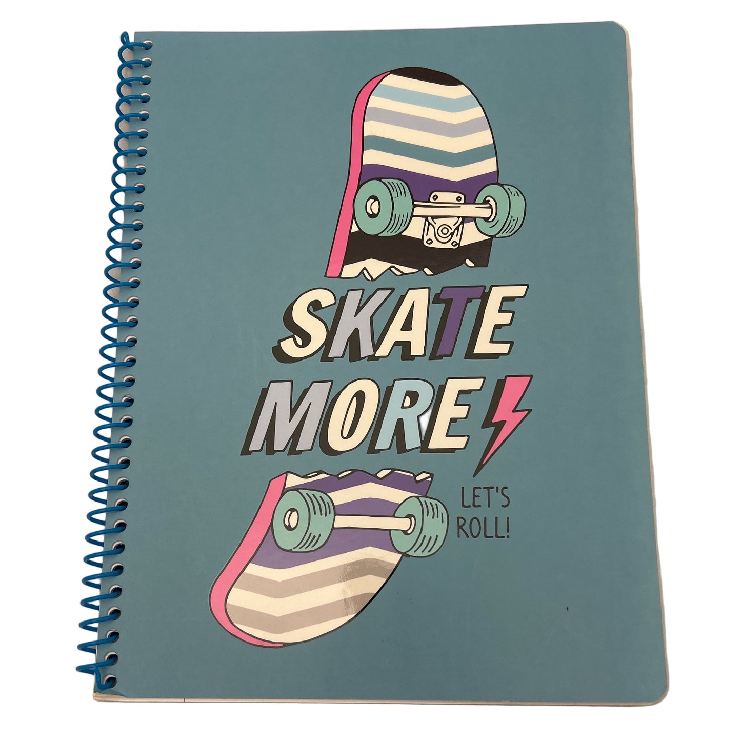 Notebook with a skateboarder design and 'Skate More Let's Roll!' text on a white background
