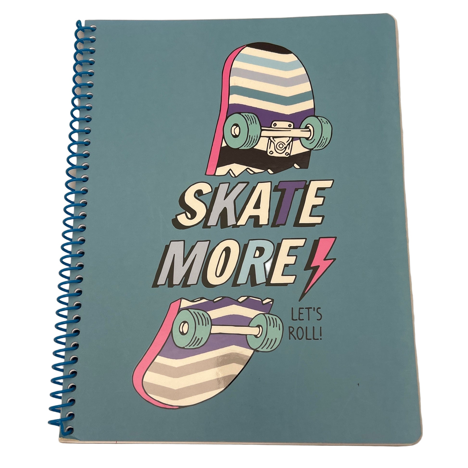 Notebook with a skateboarder design and 'Skate More Let's Roll!' text on a white background