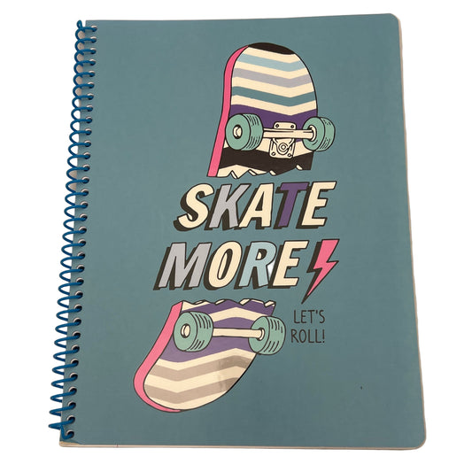 Notebook with a skateboarder design and 'Skate More Let's Roll!' text on a white background