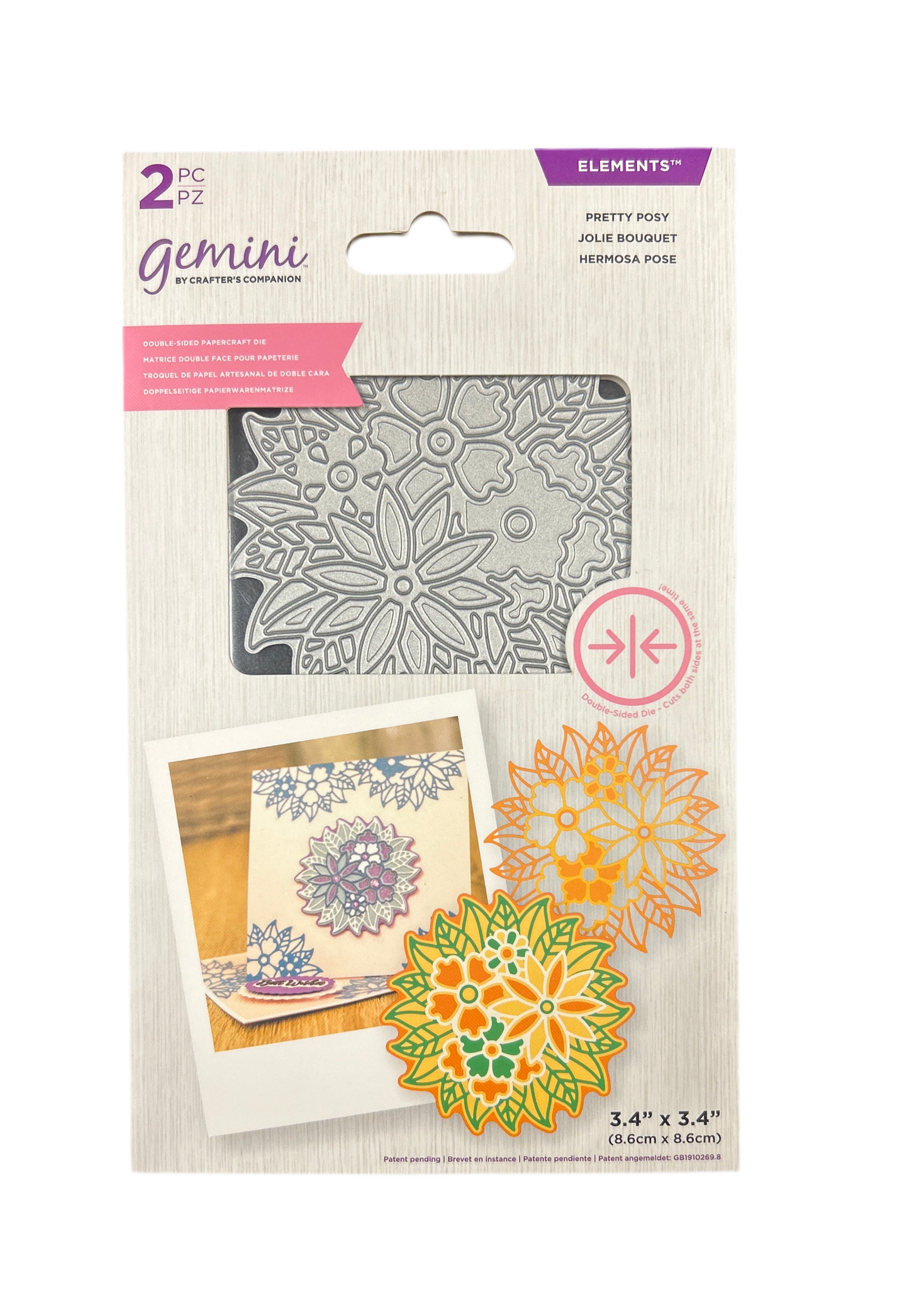 Packaging of Gemini stamp set with floral designs on a white background