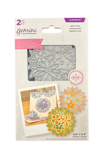 Packaging of Gemini stamp set with floral designs on a white background