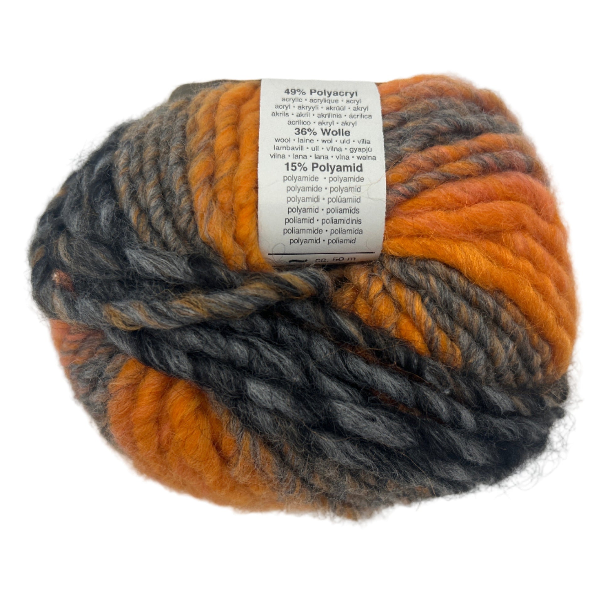 Ball of yarn with orange and gray stripes and a label on a white background