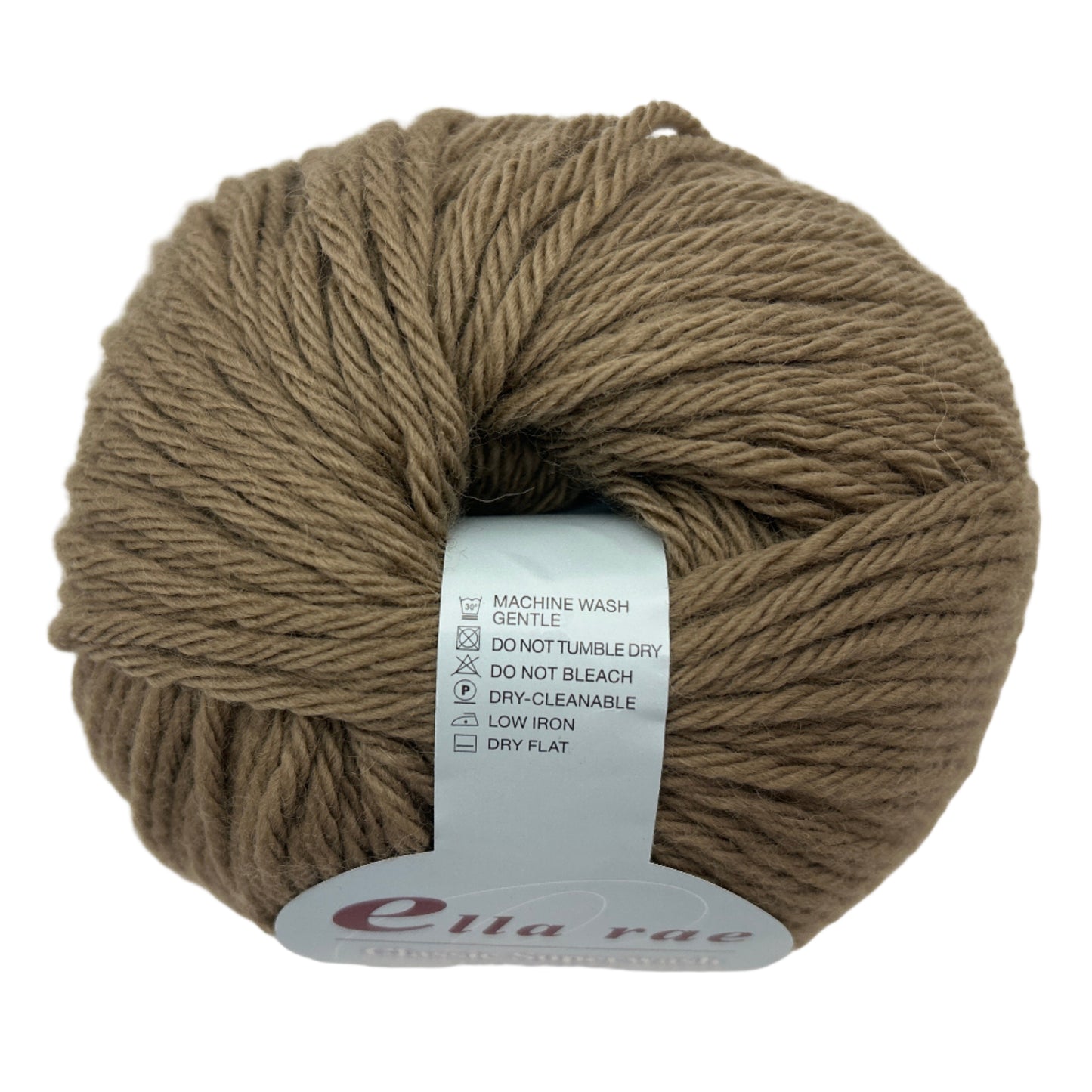 Ball of brown yarn with a label on a white background