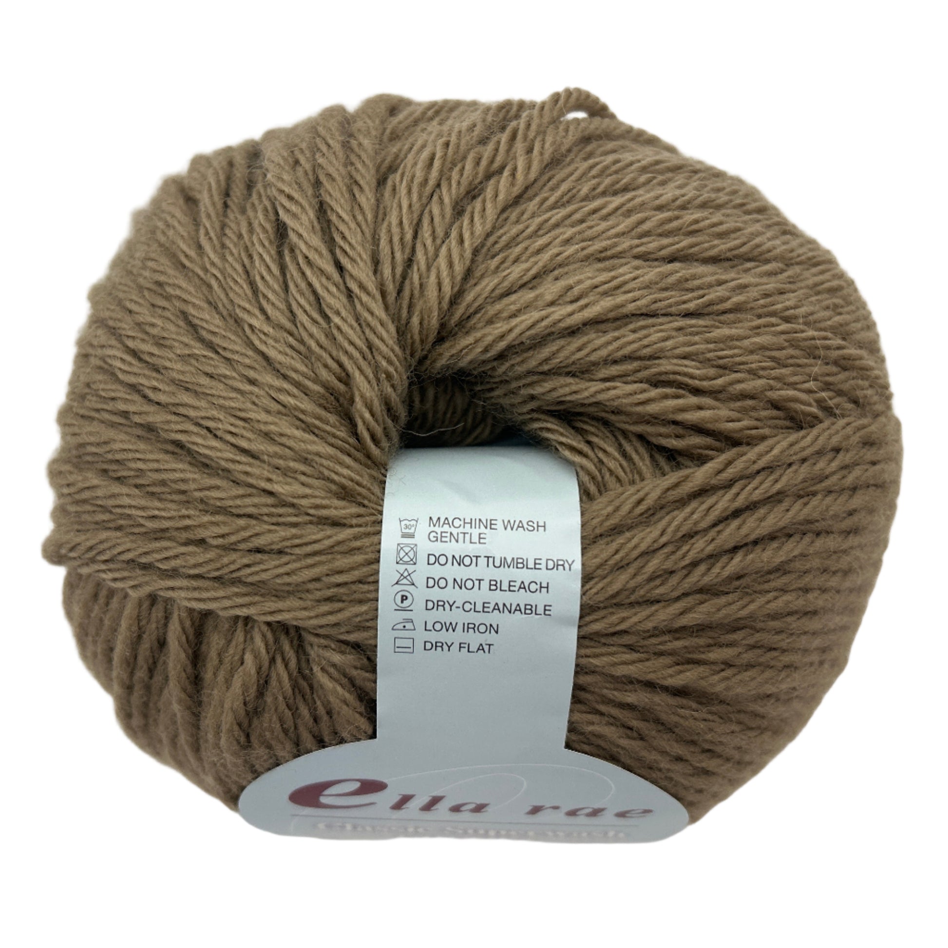 Ball of brown yarn with a label on a white background