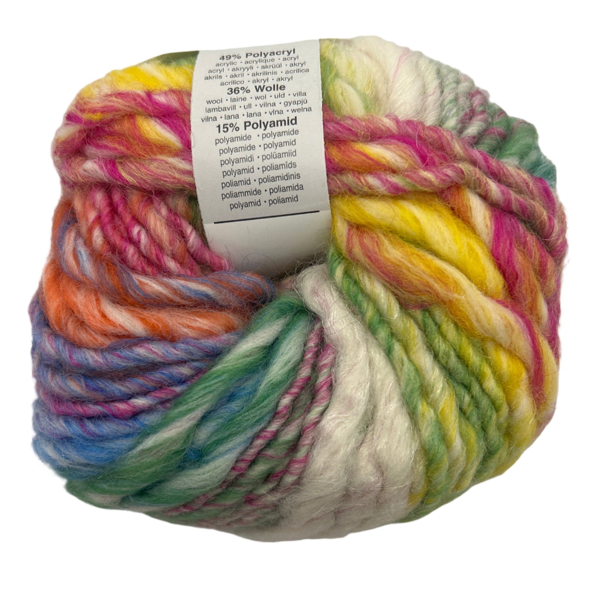 Multicolored skein of yarn with a label on a white background