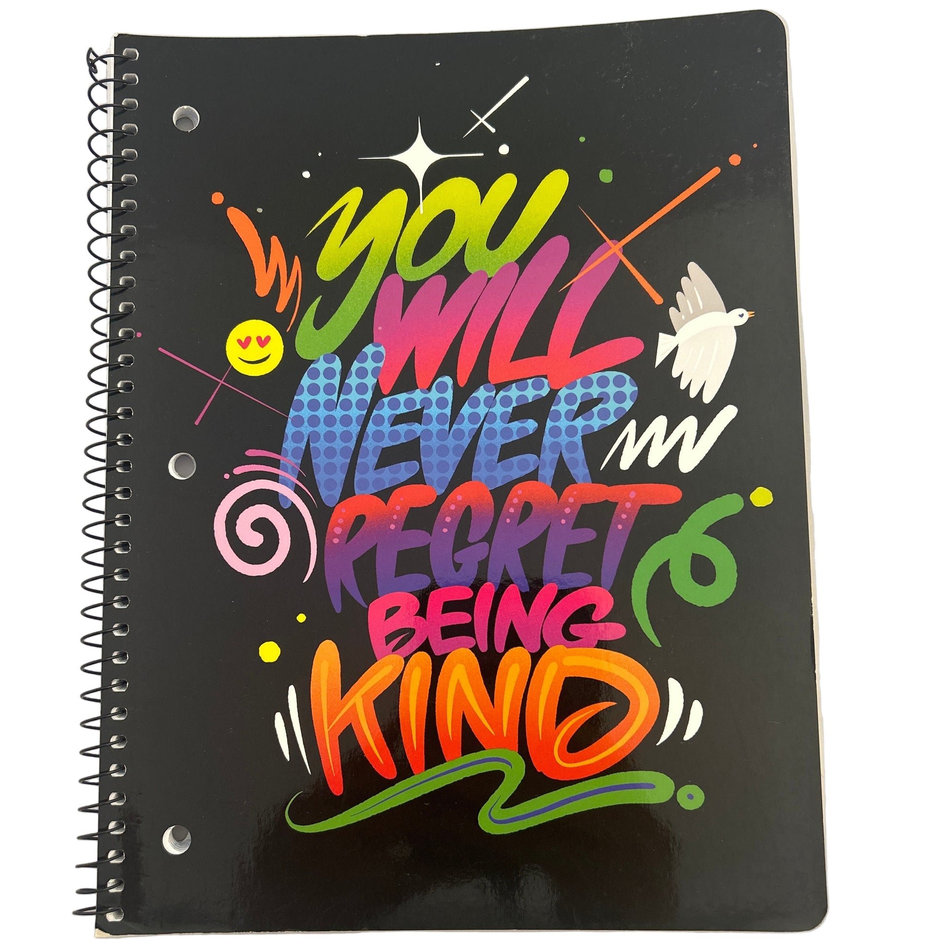 Notebook with colorful text design on a black background