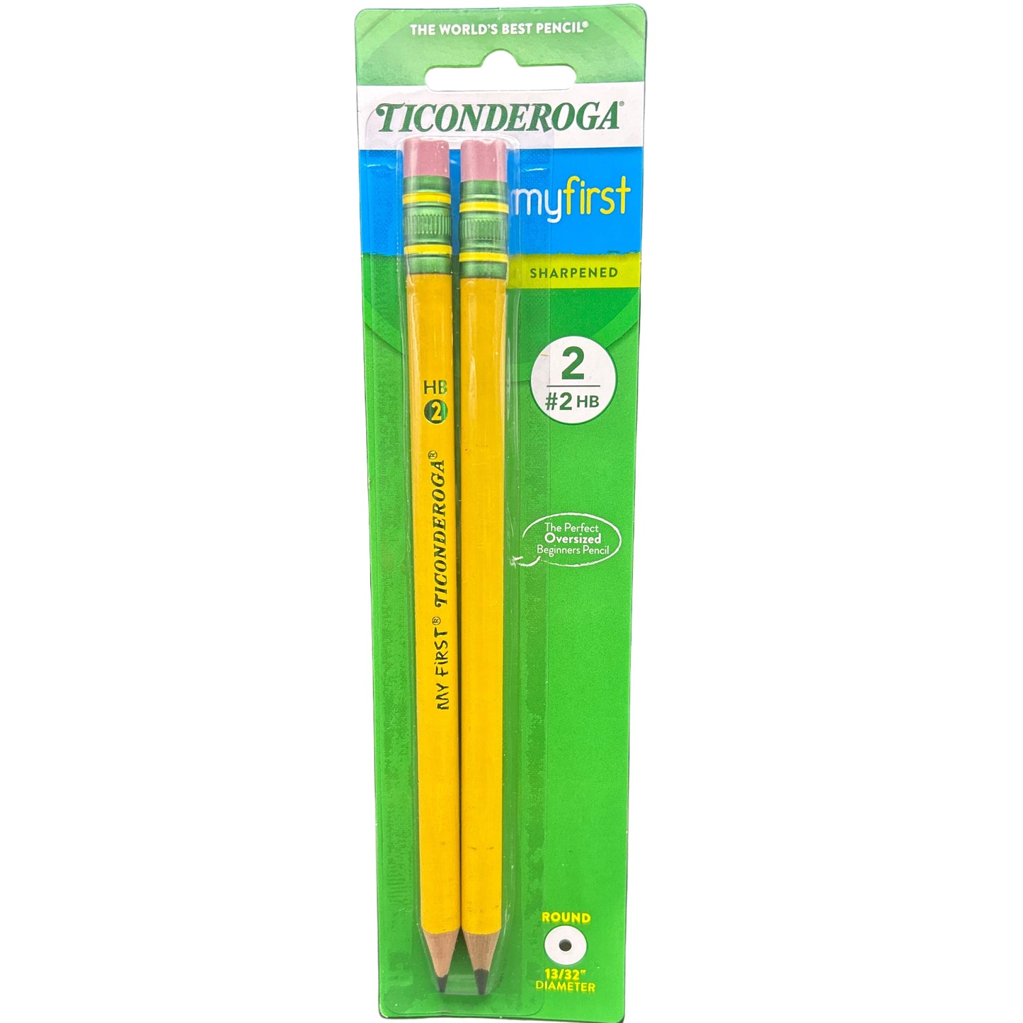 Two Ticonderoga pencils in a green packaging on a white background