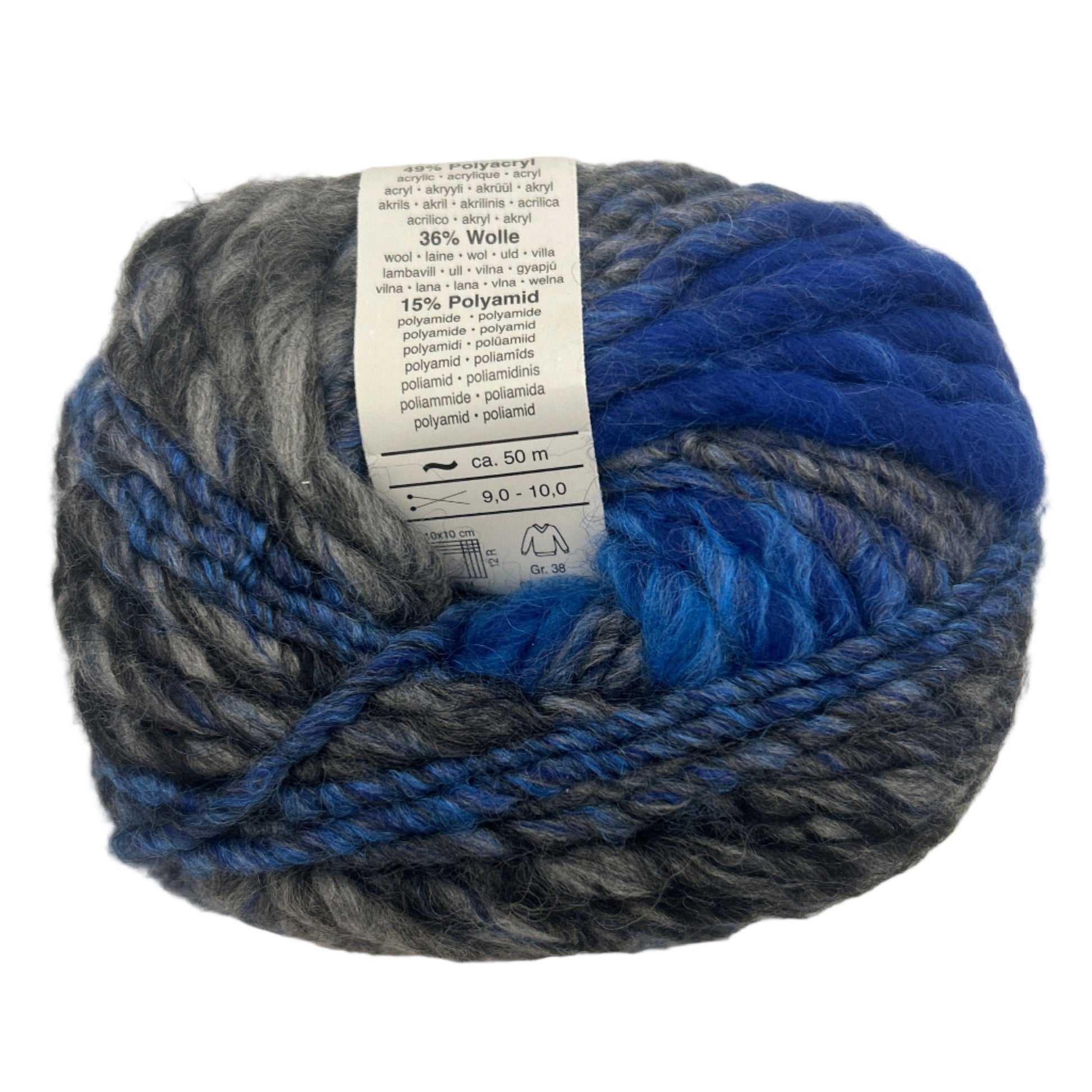 Blue and gray skein of yarn with a label on a white background