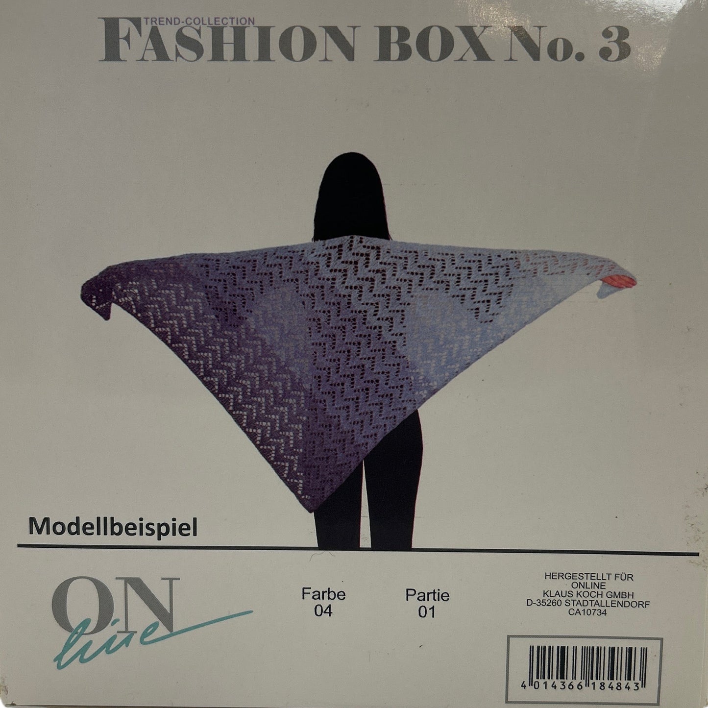 Box labeled 'Fashion Box No. 3' with a purple fabric item on a white background
