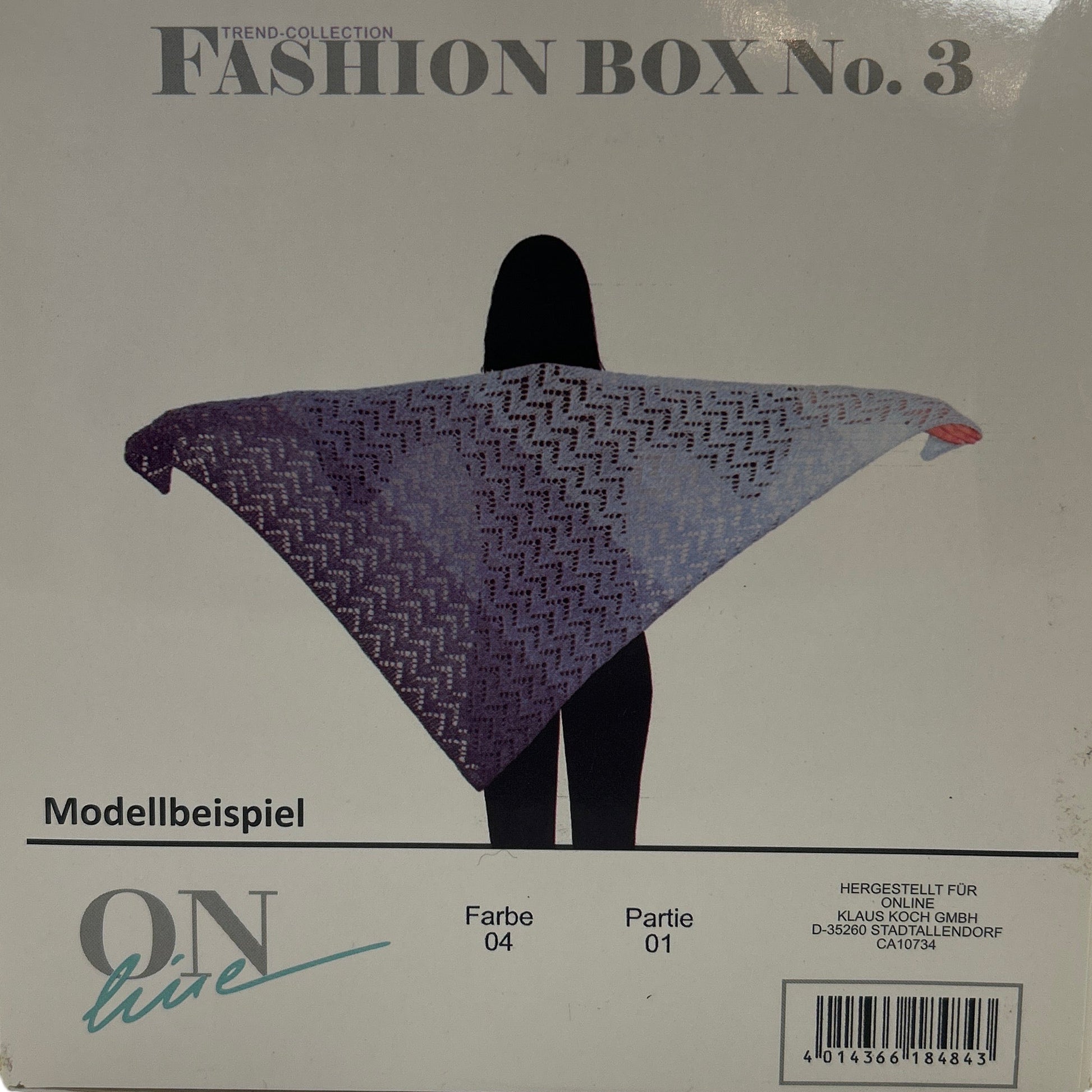 Box labeled 'Fashion Box No. 3' with a purple fabric item on a white background