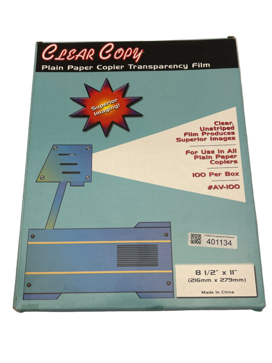 Box of Clear Copy plain paper copier transparency film with a projector illustration on a white background.