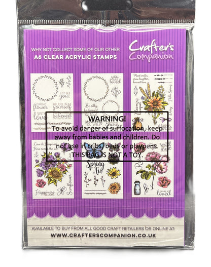 Packaging of Crafter's Companion clear acrylic stamps with a purple border and floral designs.