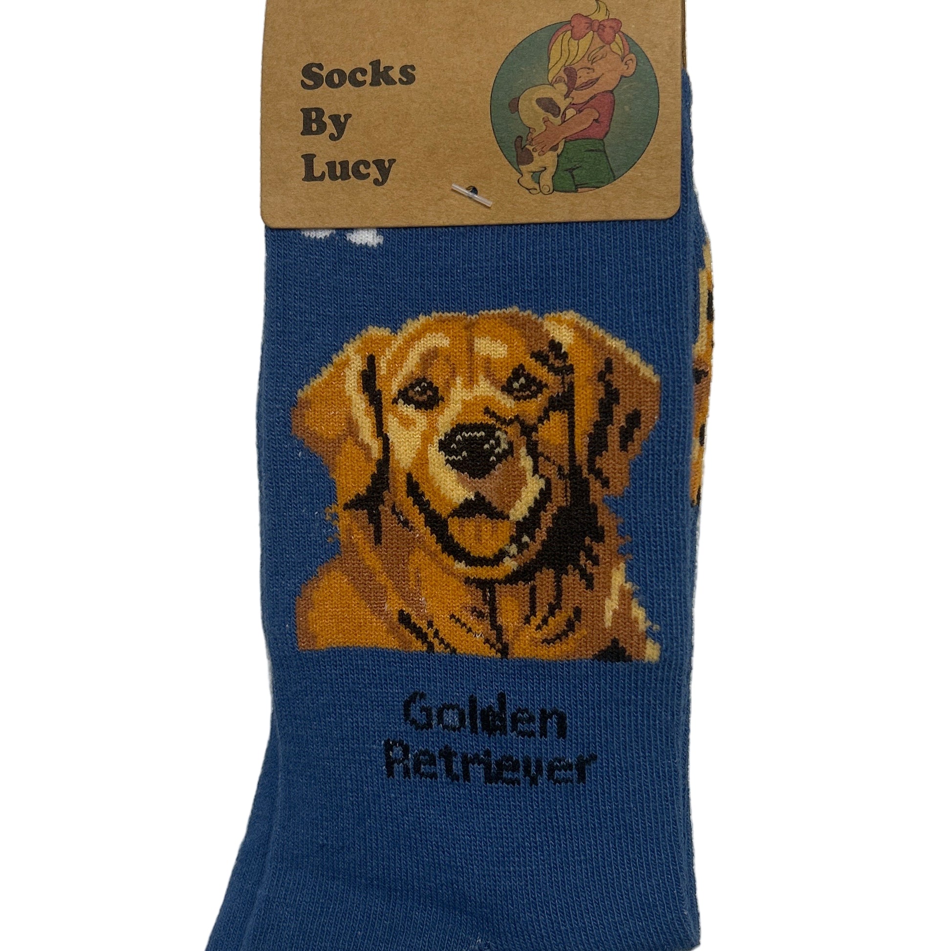 Blue sock with tiger design and brand label on a textured surface