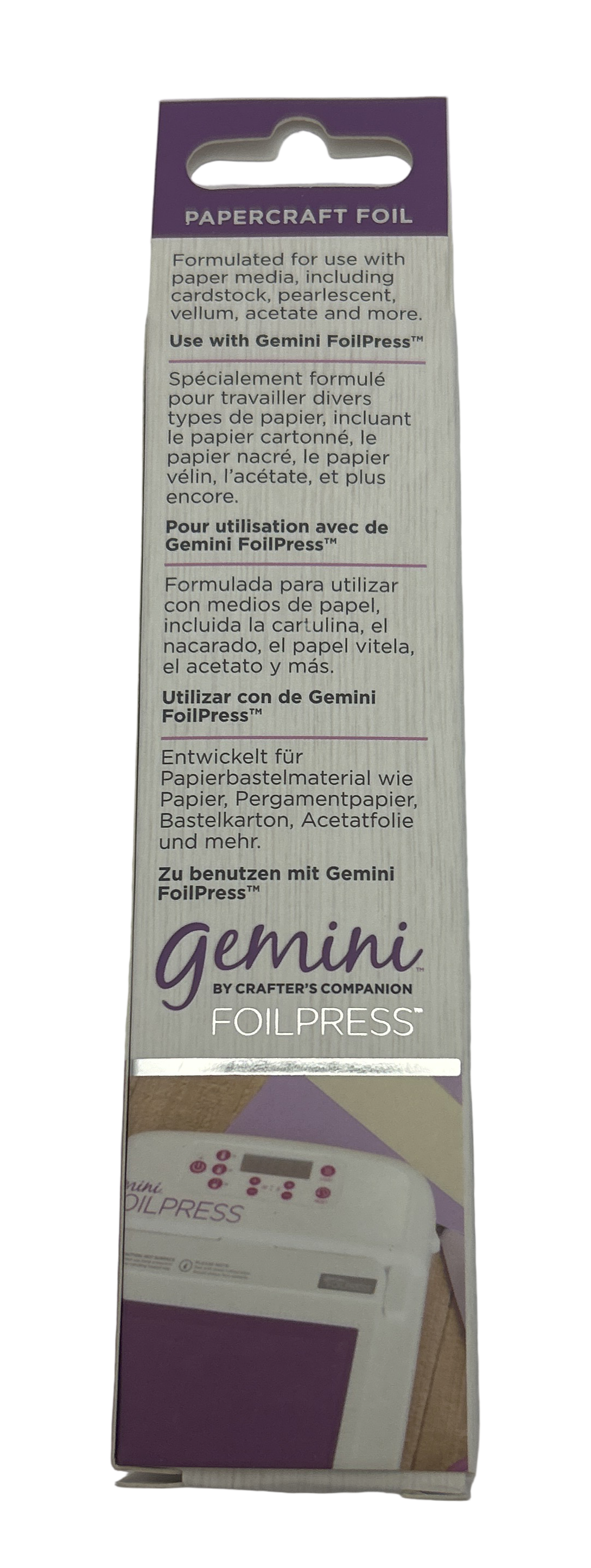 Box of Gemini by FoilPress papercraft foil with machine on a gray background