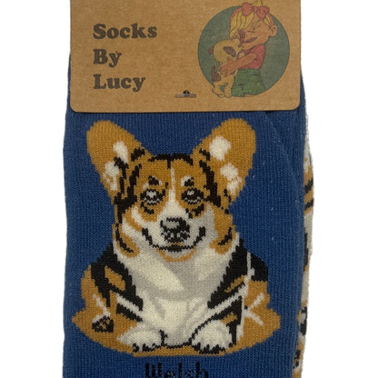 Sock with a corgi design on a blue background, featuring 'Socks By Lucy' branding.