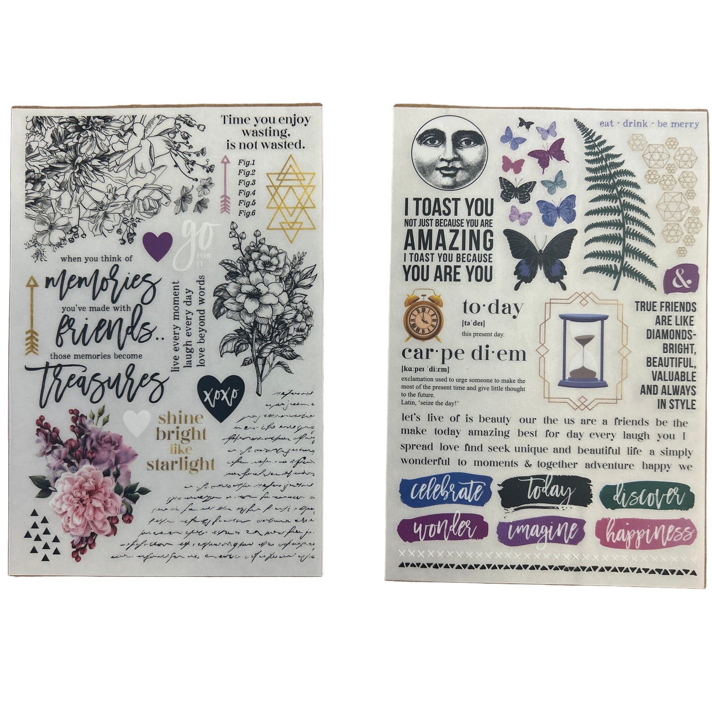 Two decorative greeting cards with floral and text designs on a white background