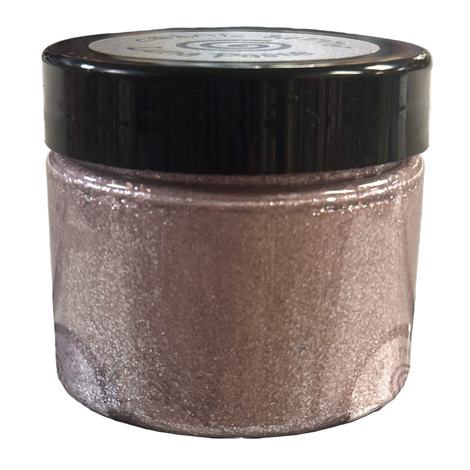 Jar of glittery powder with a black lid on a white background