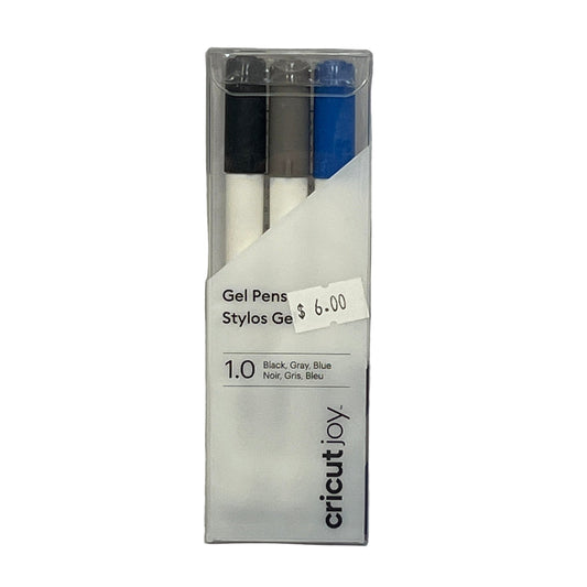 Pack of Cricut Joy gel pens in black, gray, and blue with a price tag on a white background.